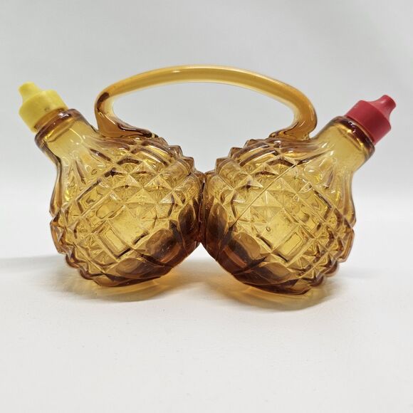 Vtg Amber Glass Oil Vinegar Cruet Set Diamond Pattern Red Yellow Spout Handle - Picture 6 of 13